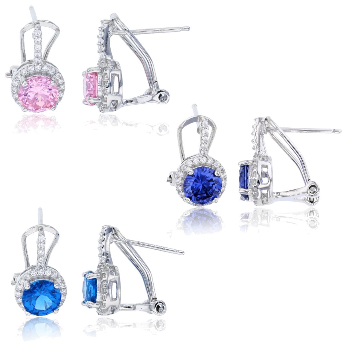Sterling Silver Rhodium  6mm Rnd Tanzan/Pink/Blue Spinel/White CZ Halo Earring Set
