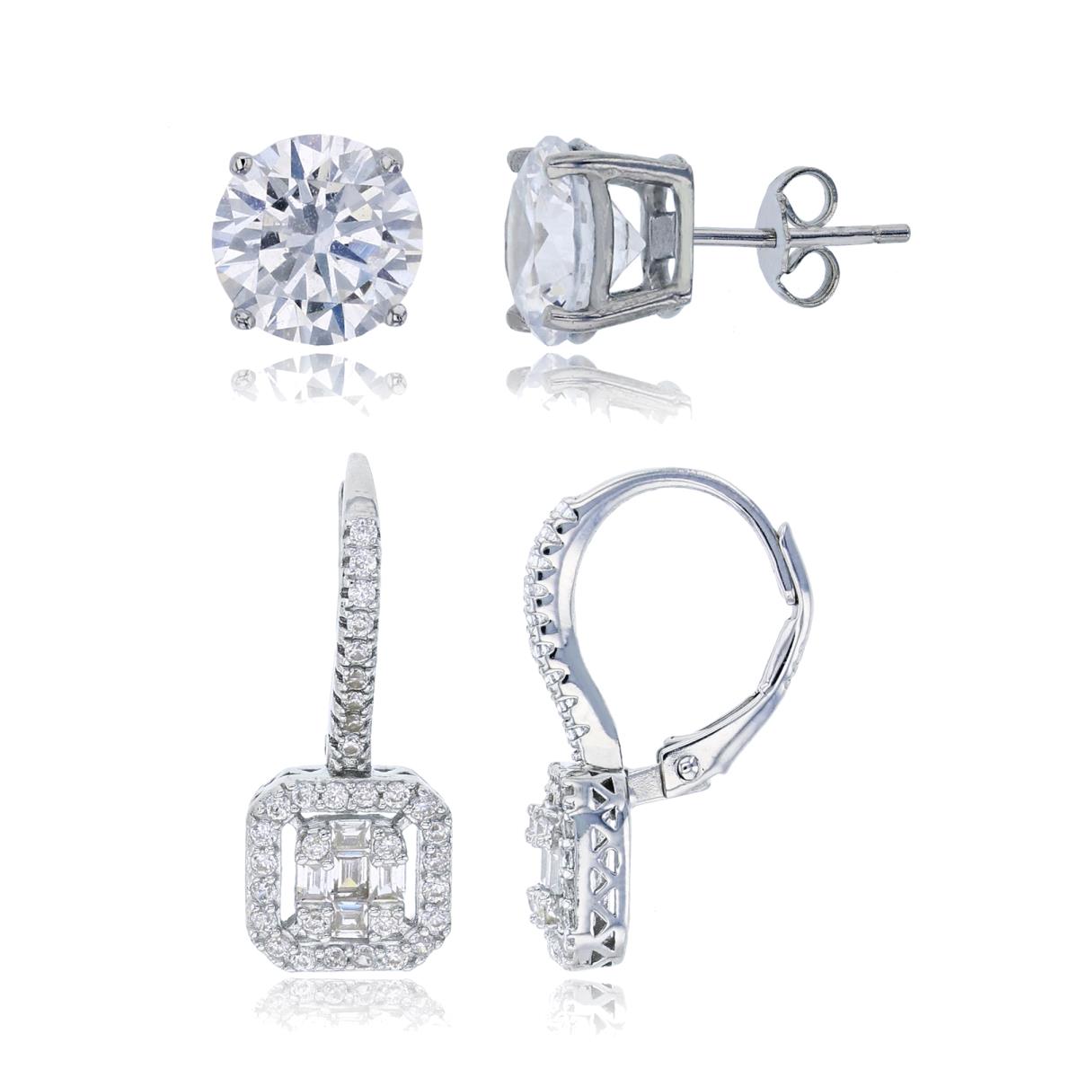 Sterling Silver Rhodium CZ Cluster Cushion & Solitaire Earrings Set