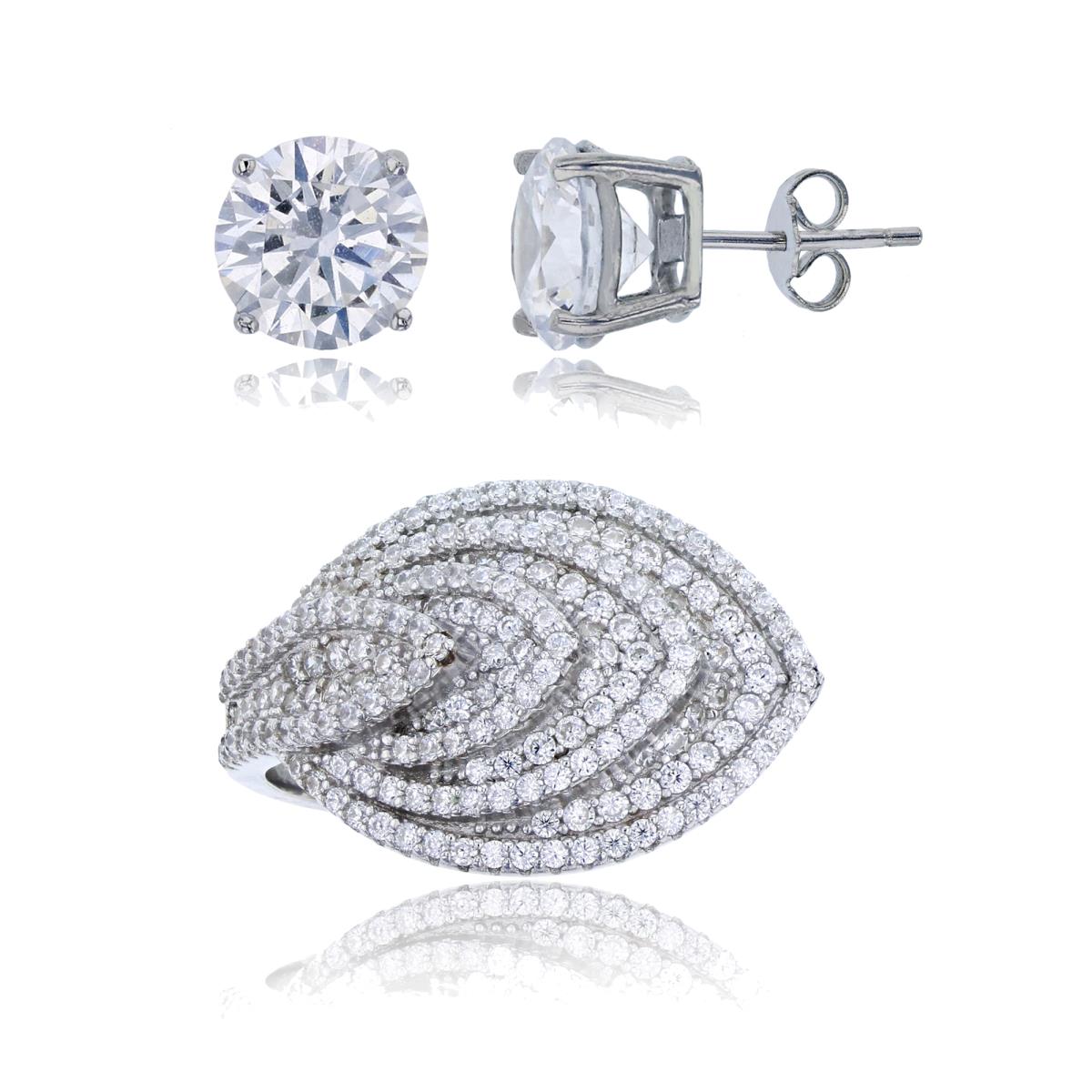 Sterling Silver Rhodium CZ Micropave Leaf Ring & Solitaire Earring Set