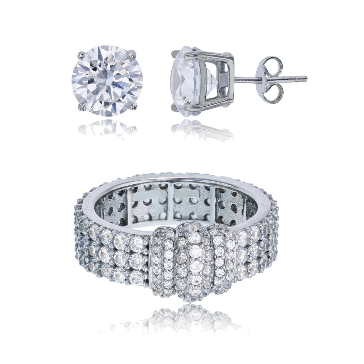 Sterling Silver Rhodium CZ 3-Row Pave Knot Ring & Solitaire Earring Set