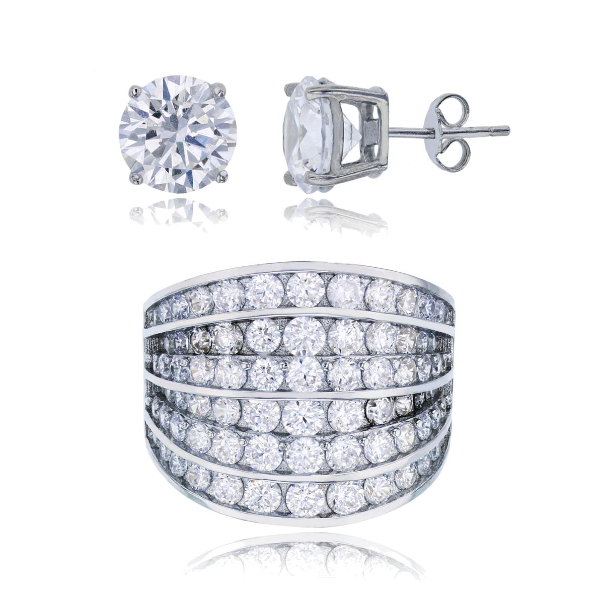 Sterling Silver Rhodium CZ 3-Row Pave Ring & Solitaire Earring Set