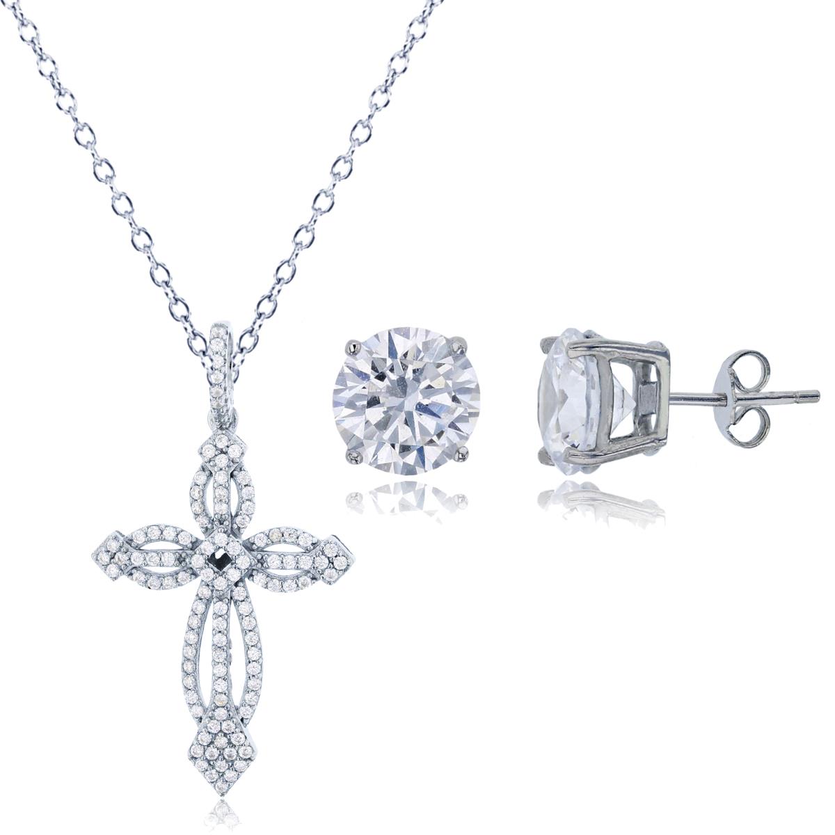 Sterling Silver Rhodium White CZ Micropave Cross 18" Necklace & Solitaire Earring Set