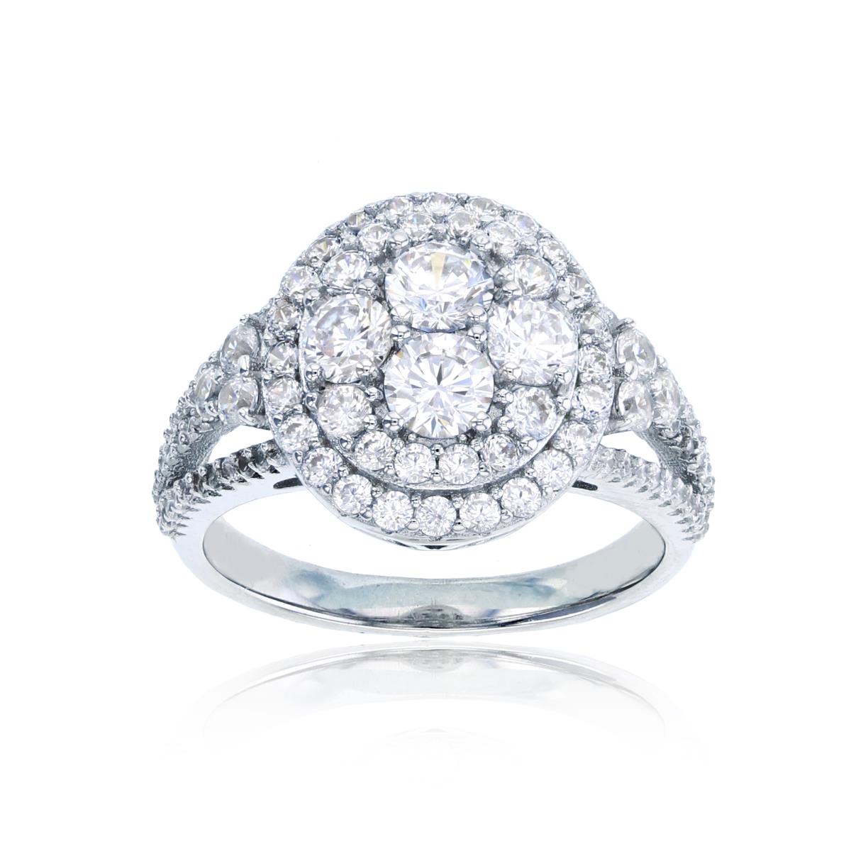 Sterling Silver Rhodium CZ Cluster Double Halo Ring