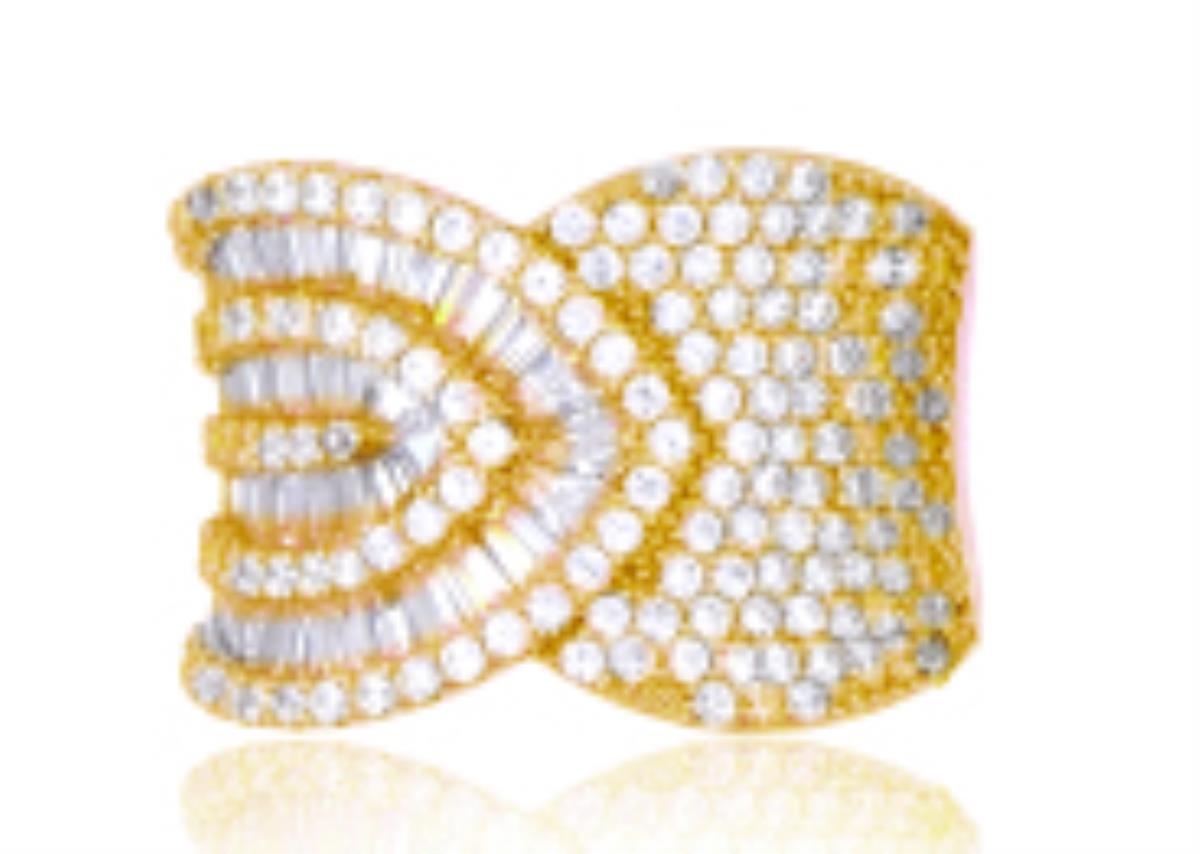Sterling Silver Yellow 1-Micron  Micropave Rd & Baguette CZ Overlapping Fashion Ring