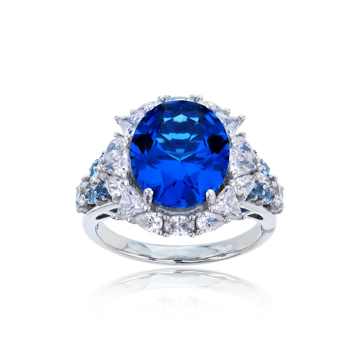 Sterling Silver Rhodium CZ Blue Ov/Sky Blue Rnd & White Rnd/MQ/PS/Trill Halo Ring
