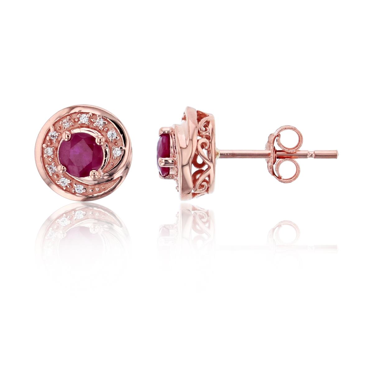 14K Rose Gold 0.06 CTTW Rnd Diamond & Rnd Ruby Stud Earring