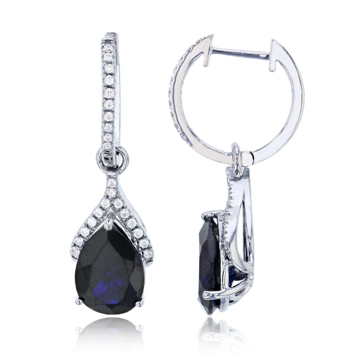 Sterling Silver Rhodium 10x7mm Pear Cr Blue & Rd Cr White Sapphire Dangling Earring