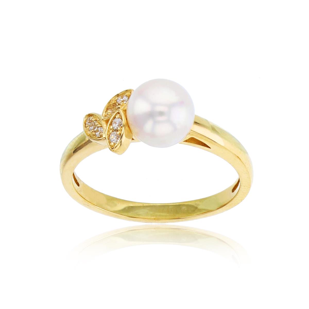 14K Yellow Gold CZ & 7mm Rnd White Pearl with Leaves Ring