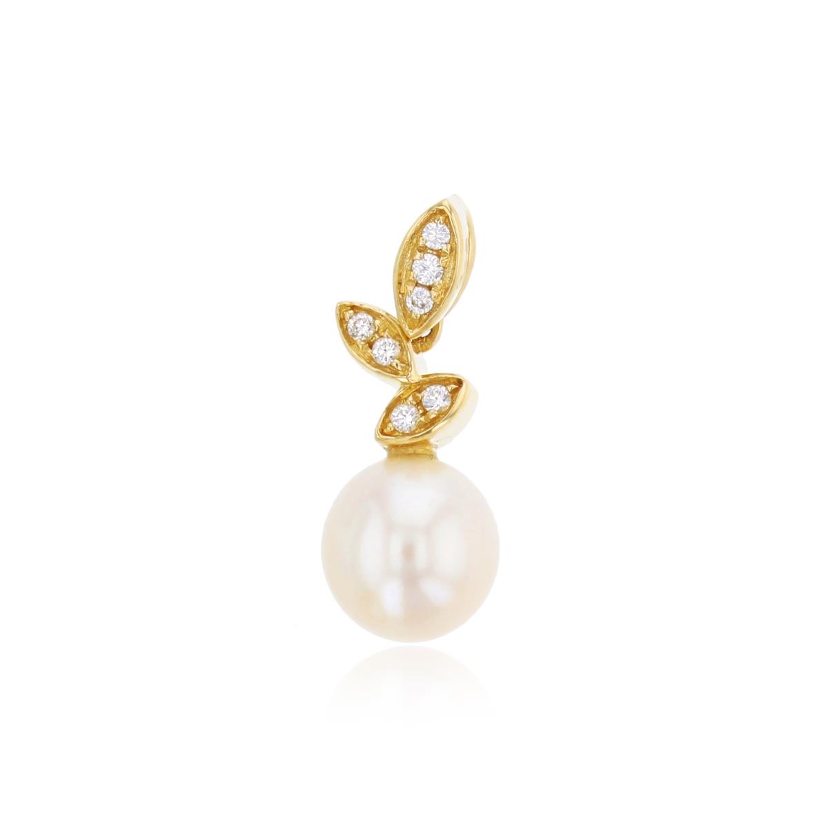14K Yellow Gold CZ & 7mm Rnd White Pearl with Leaves Pendant