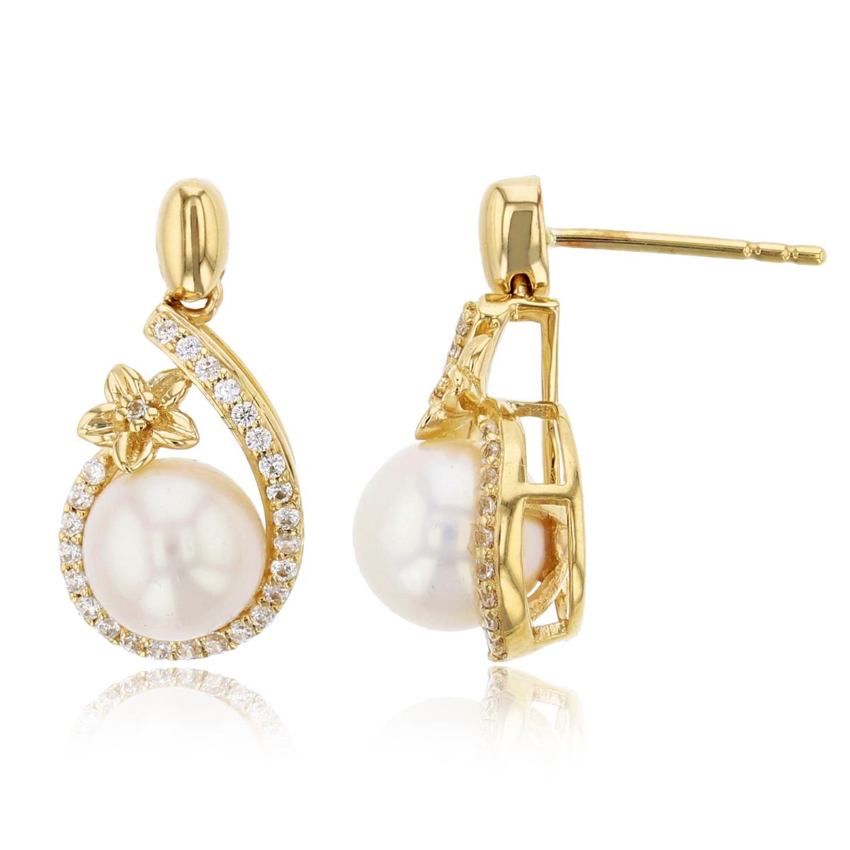 14K Yellow Gold CZ & 7mm Rnd White Pearl with Flower PS-shape Earring