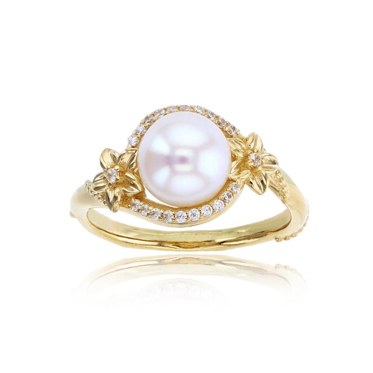 14K Yellow Gold CZ & 8mm Rnd White Pearl with Flower Halo Ring