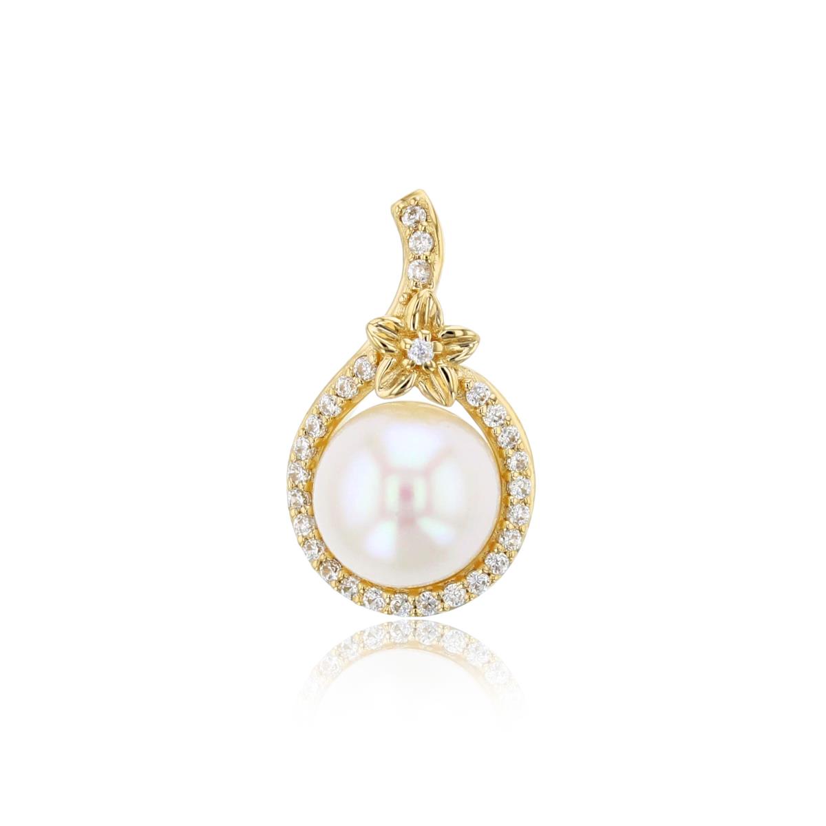 14K Yellow Gold CZ & 8mm Rnd White Pearl with Flower PS-shape Pendant
