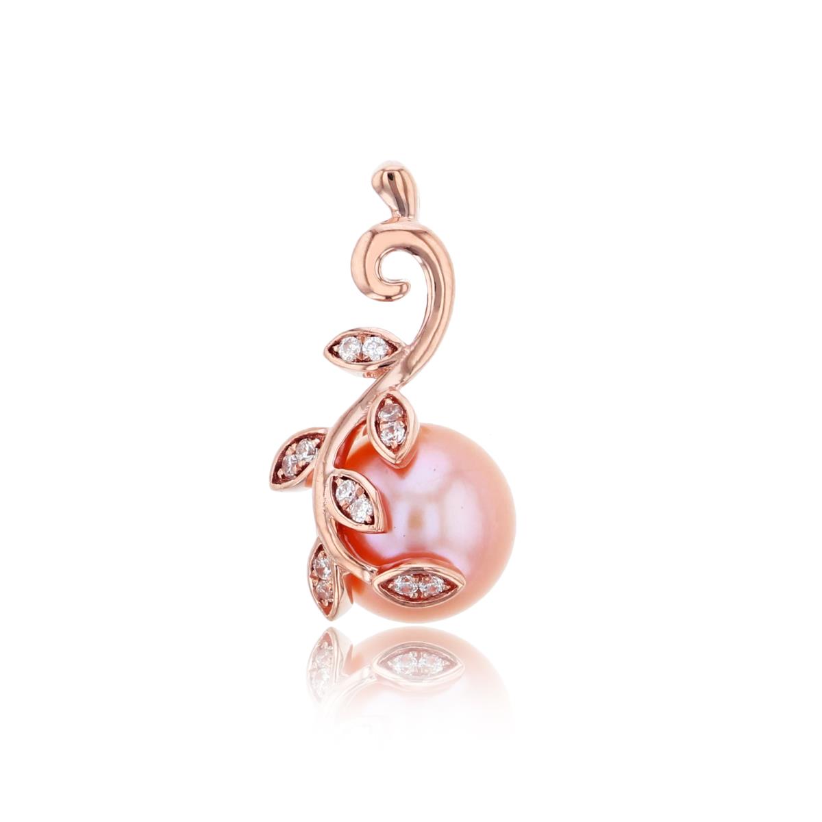 14K Rose Gold CZ & 8mm Rnd Pink Pearl with Leaves Pendant
