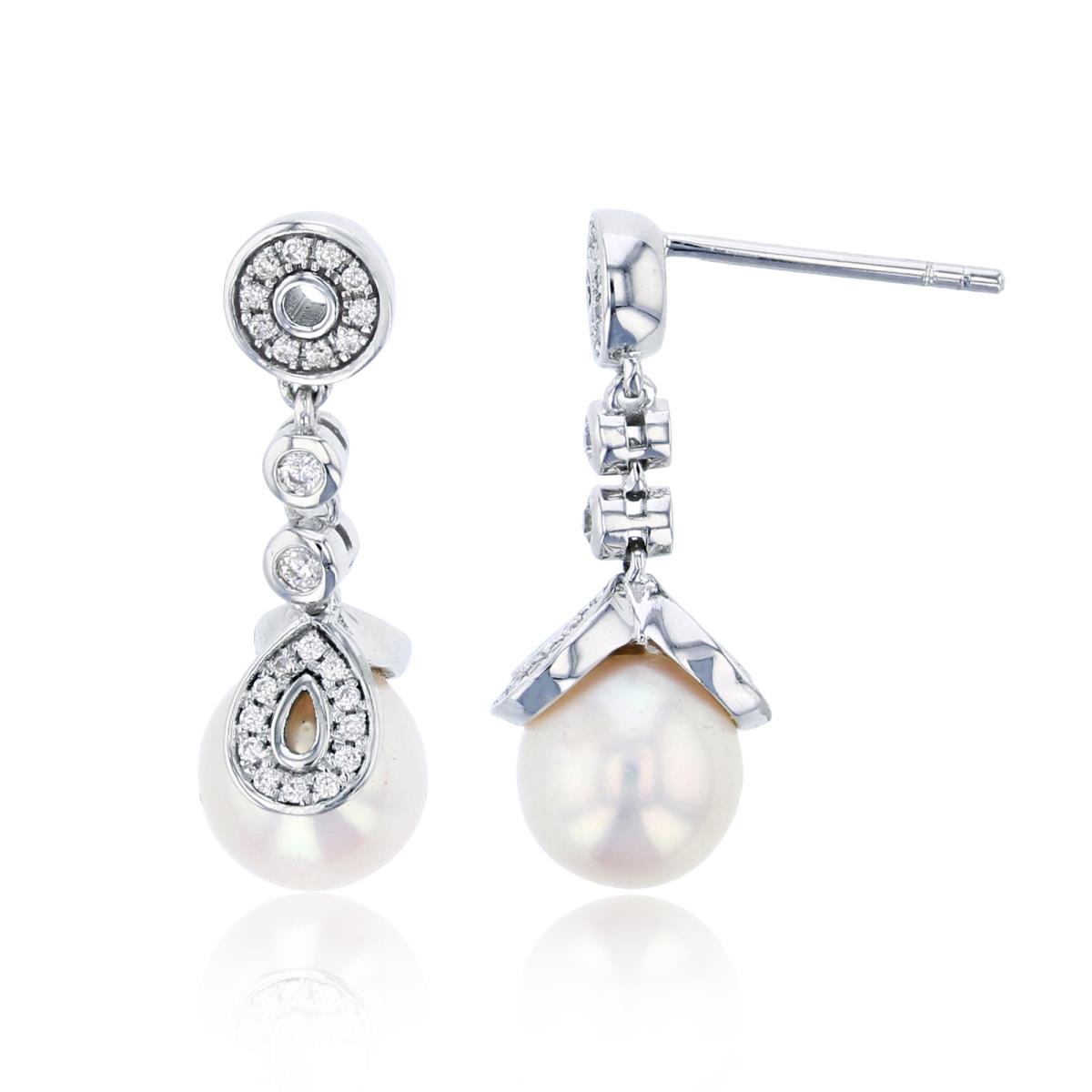 14K White Gold CZ & 7mm Rnd White Pearl with Leaves Dangling Earring