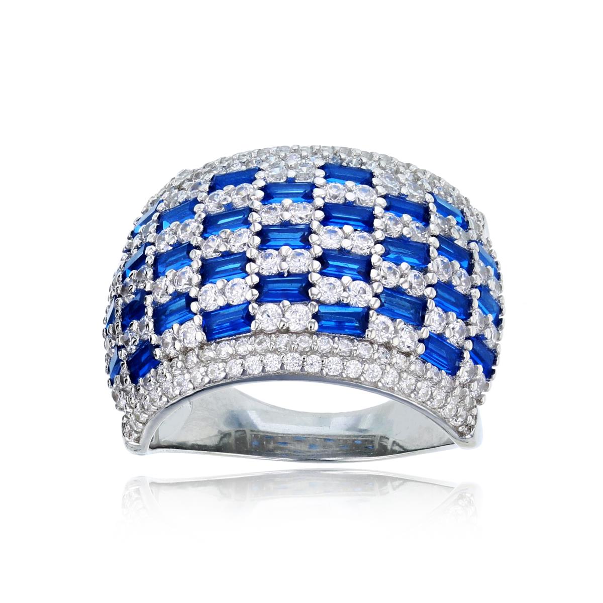 Sterling Silver Rhodium CZ SB Blue Sapphire & Rnd White Basketweave  15.5mm  Textured Band