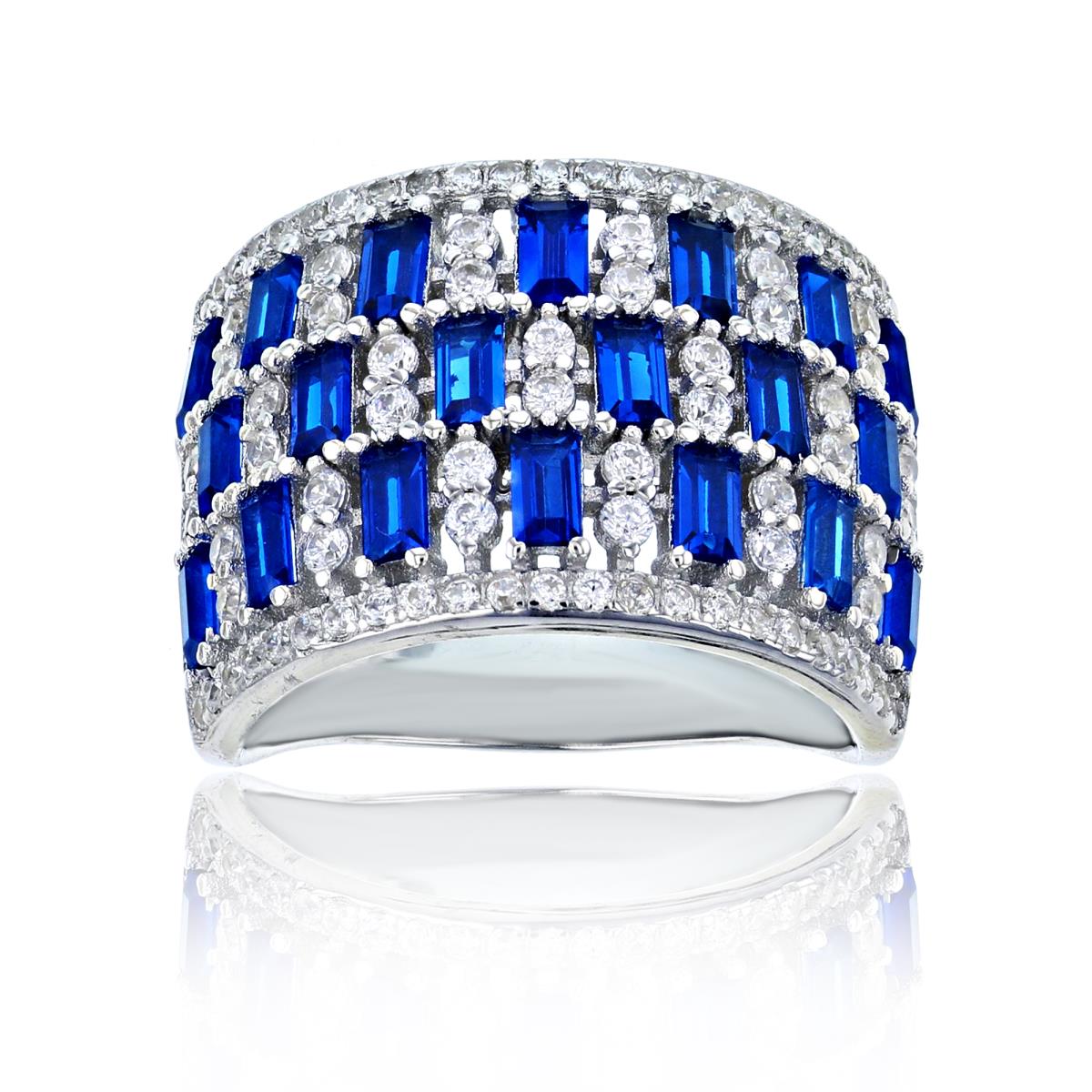 Sterling Silver Rhodium CZ SB Blue Sapphire & Rnd White Basketweave 15mm  Textured Band 