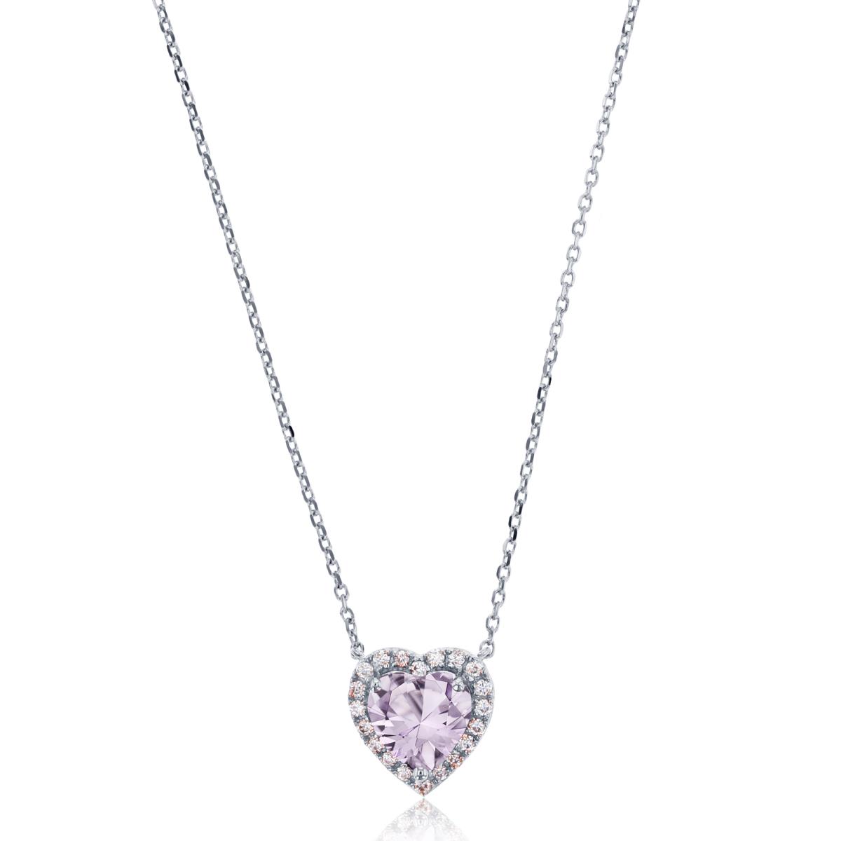 Sterling Silver Rhodium 1mm Rnd Cr White Sapphire & 6mm Heart Cut Rose De France 18" Necklace