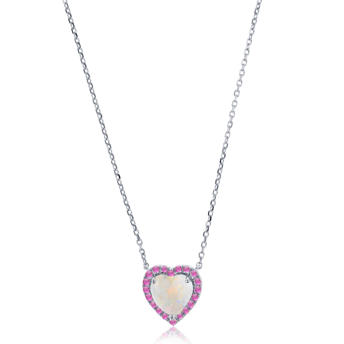 Sterling Silver Rhodium 1mm Rnd Cr Pink Sapphire & 6mm Heart Cut Cr Opal 18" Necklace