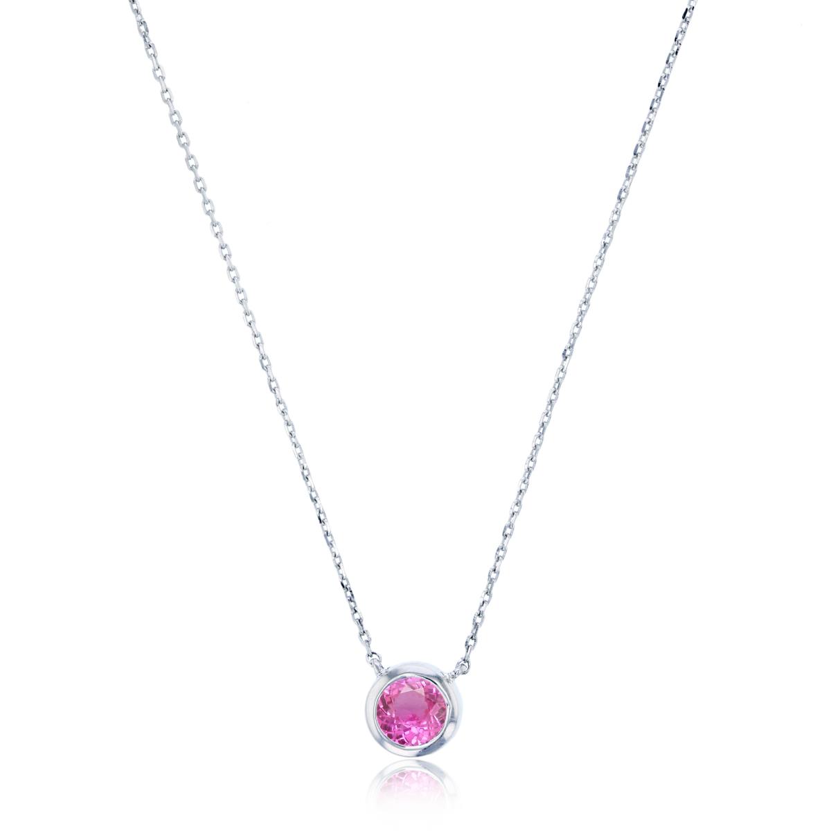 Sterling Silver Rhodium 5mm Rnd Created Pink Sapphire Bezel Circle 17"Necklace
