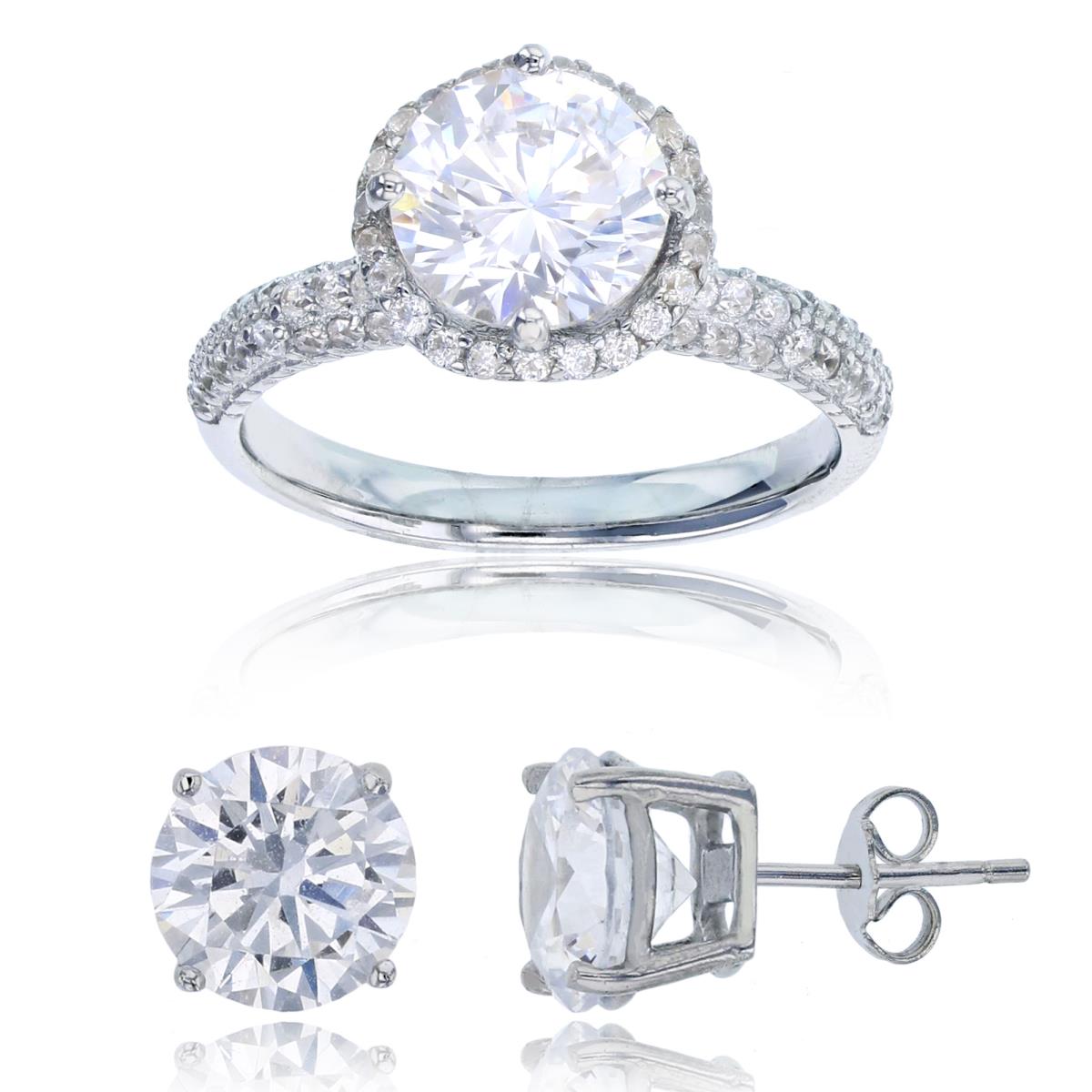 Sterling Silver Rhodium 8mm Rnd CZ Anniversary Halo Ring & 8mm Rd Solitaire Stud Earring Set