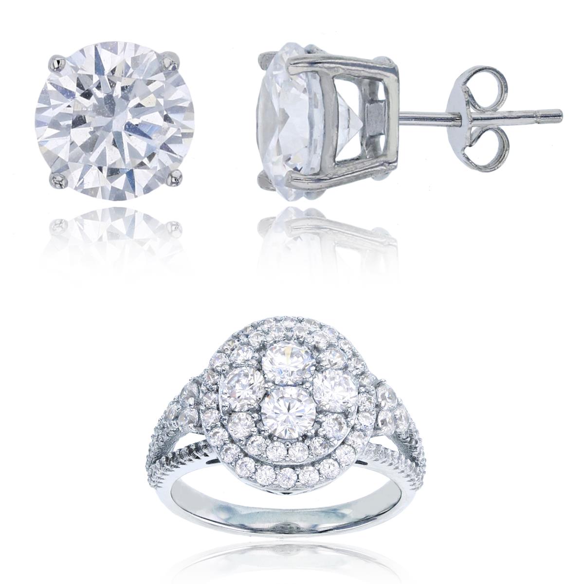Sterling Silver Rhodium CZ Cluster Double Halo Ring & 8mm Rd Solitaire Stud Earring Set