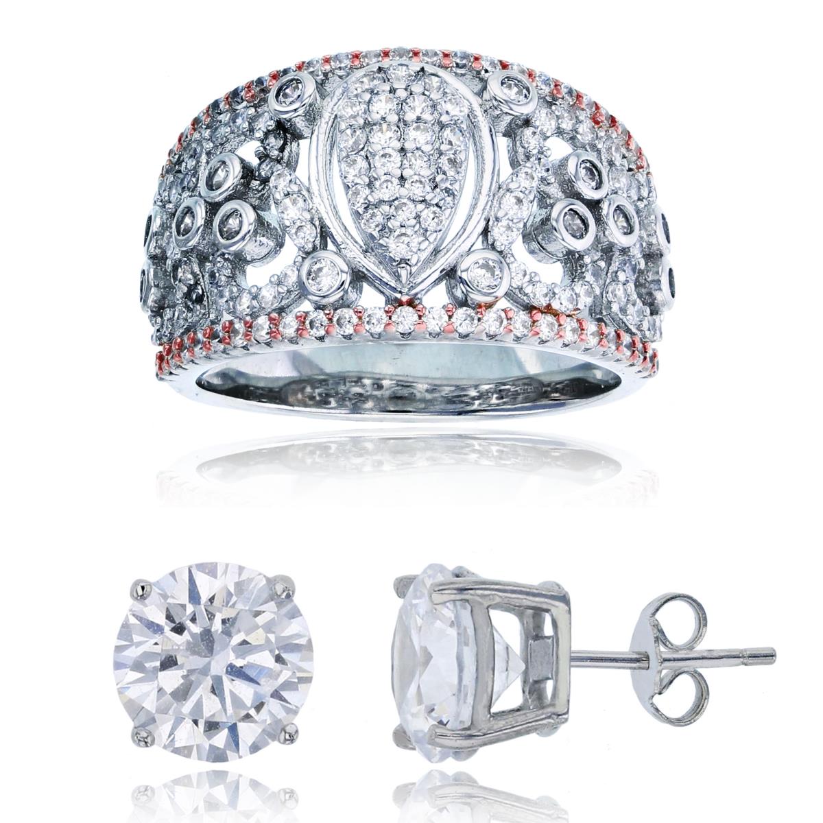 Sterling Silver Rose & White CZ Paved PS-Center Swirl Sides Ring & 8mm Rd Solitaire Stud Earring Set