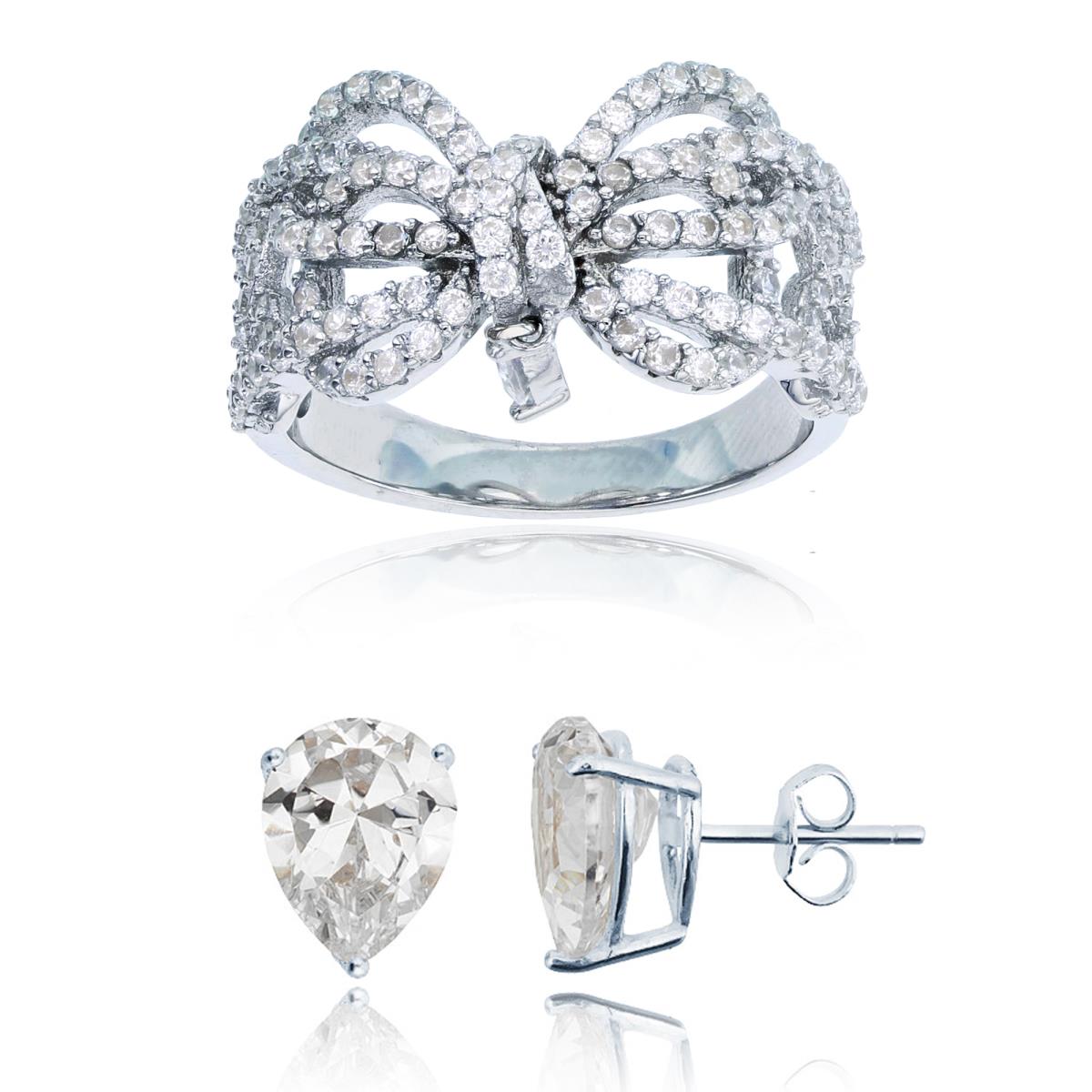 Sterling Silver Rhodium CZ PS/Rnd Swirl Ribbon Ring & 8x10mm Pear Solitaire Stud Earring Set 