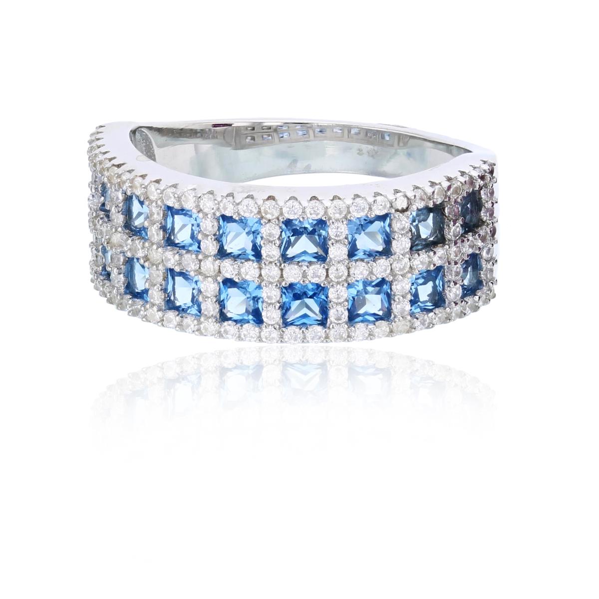 Sterling Silver Rhodium 2-Row Pave #119 Blue Princess Cut & White Rd Cut CZ Fashion Ring