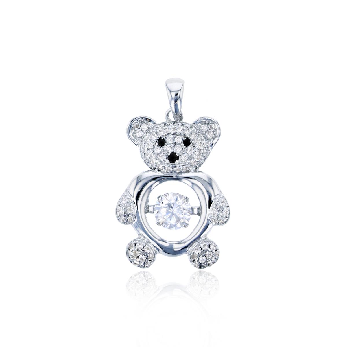 Sterling Silver Rhodium Micropave White+Black CZ Teddy Bear Pendant