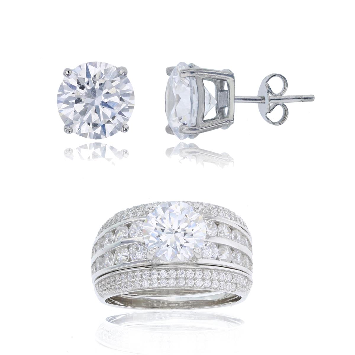 Sterling Silver Rhodium 8mm Rd Cut Channel Set CZ Insert Ring & 8mm Rd Solitaire Stud Earring Set