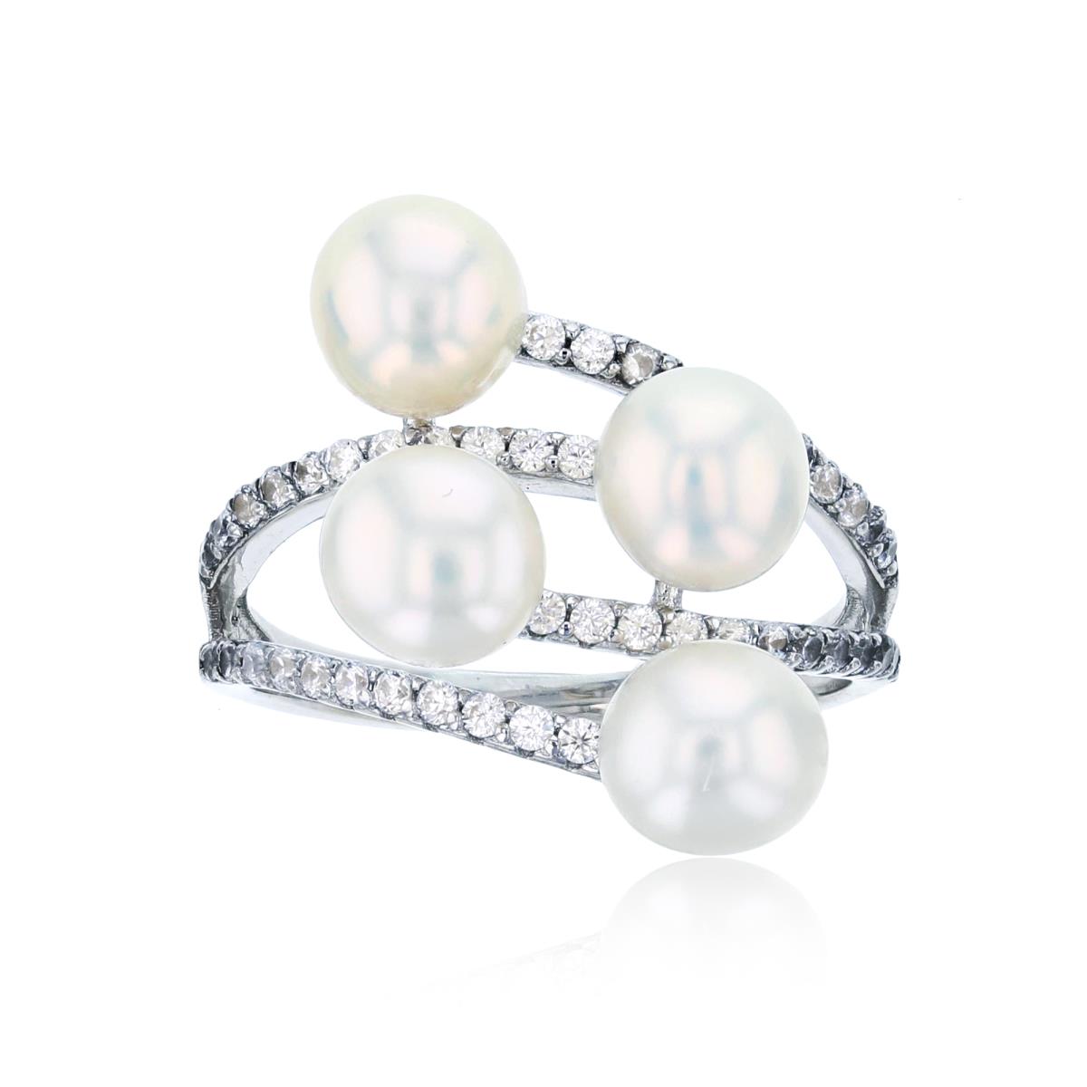 Sterling Silver Rhodium CZ & 6mm Fresh Water Pearl Bypass Rows Ring