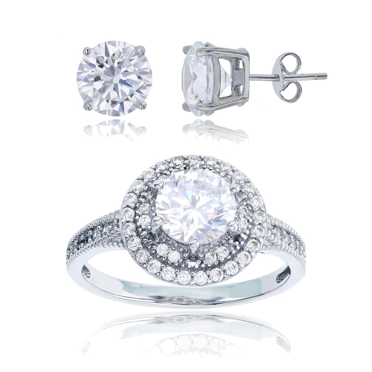 Sterling Silver Rhodium 6.5mm Rnd White CZ Halo Ring & 8mm Rd Solitaire Stud Earring Set