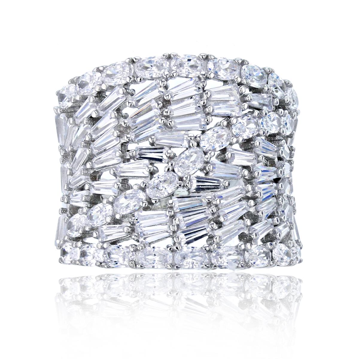 Sterling Silver Rhodium Baguette & Oval CZ Scattered Wide Ring