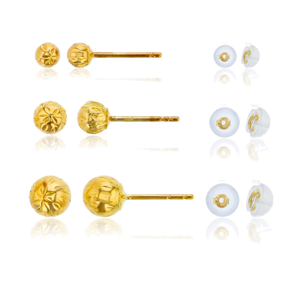 14K Yellow Gold Full Diamond Cut 3.00/4.00/5.00mm Ball Stud Earring Set with Silicone Backs