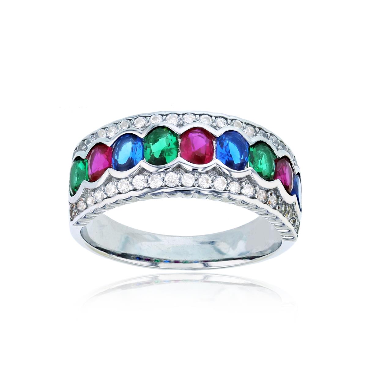 Sterling Silver Rhodium CZ OV-Multicolor Center & Rnd White  8.5mm on Side 3-Row Band