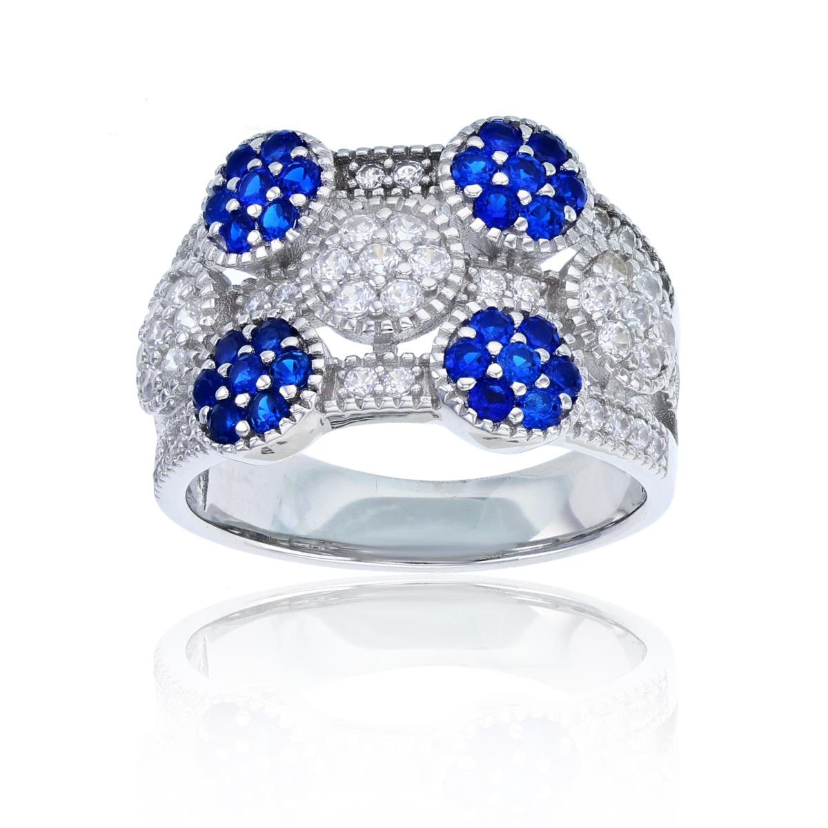 Sterling Silver Rhodium CZ Rnd Blue Spinel & White 7-Clusters Filigree Band