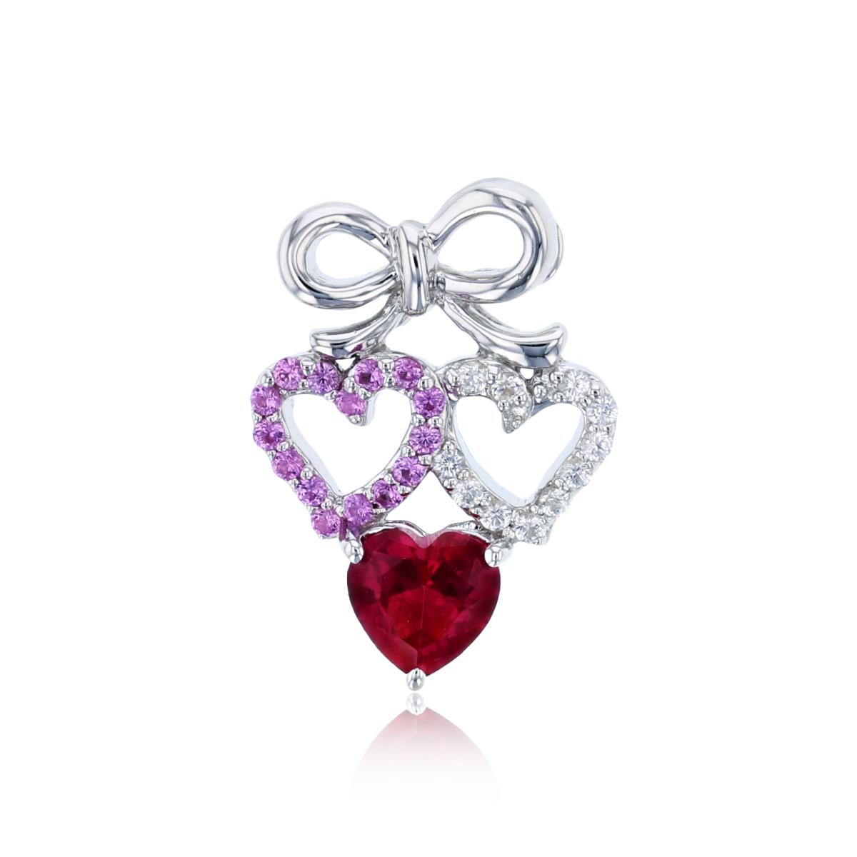 Sterling Silver Rhodium Cr. Ruby/Cr. Wh.Sapphire/Cr.Pink Sapphire  Bow/Hearts Pendant