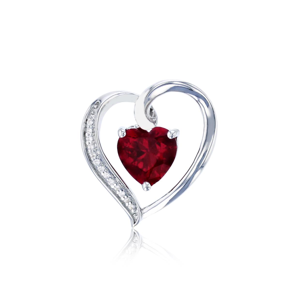 Sterling Silver Rhodium CZ & 7mm HS Created Ruby Heart Pendant