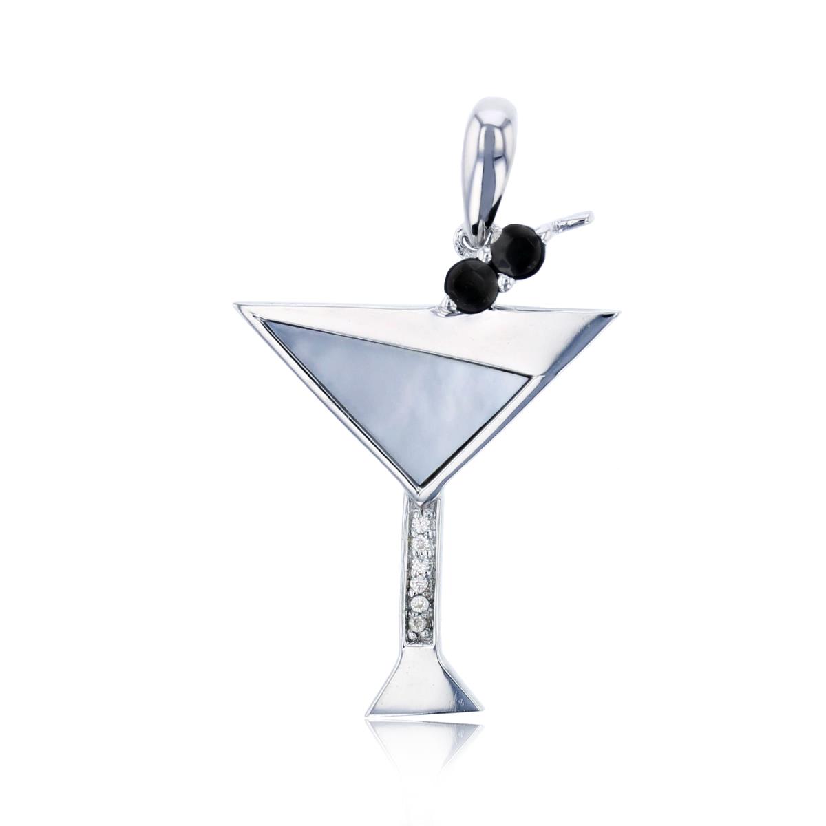 Sterling Silver Rhodium CZ & Rnd Onyx/ White Mop Inlay 'Martini Glass
