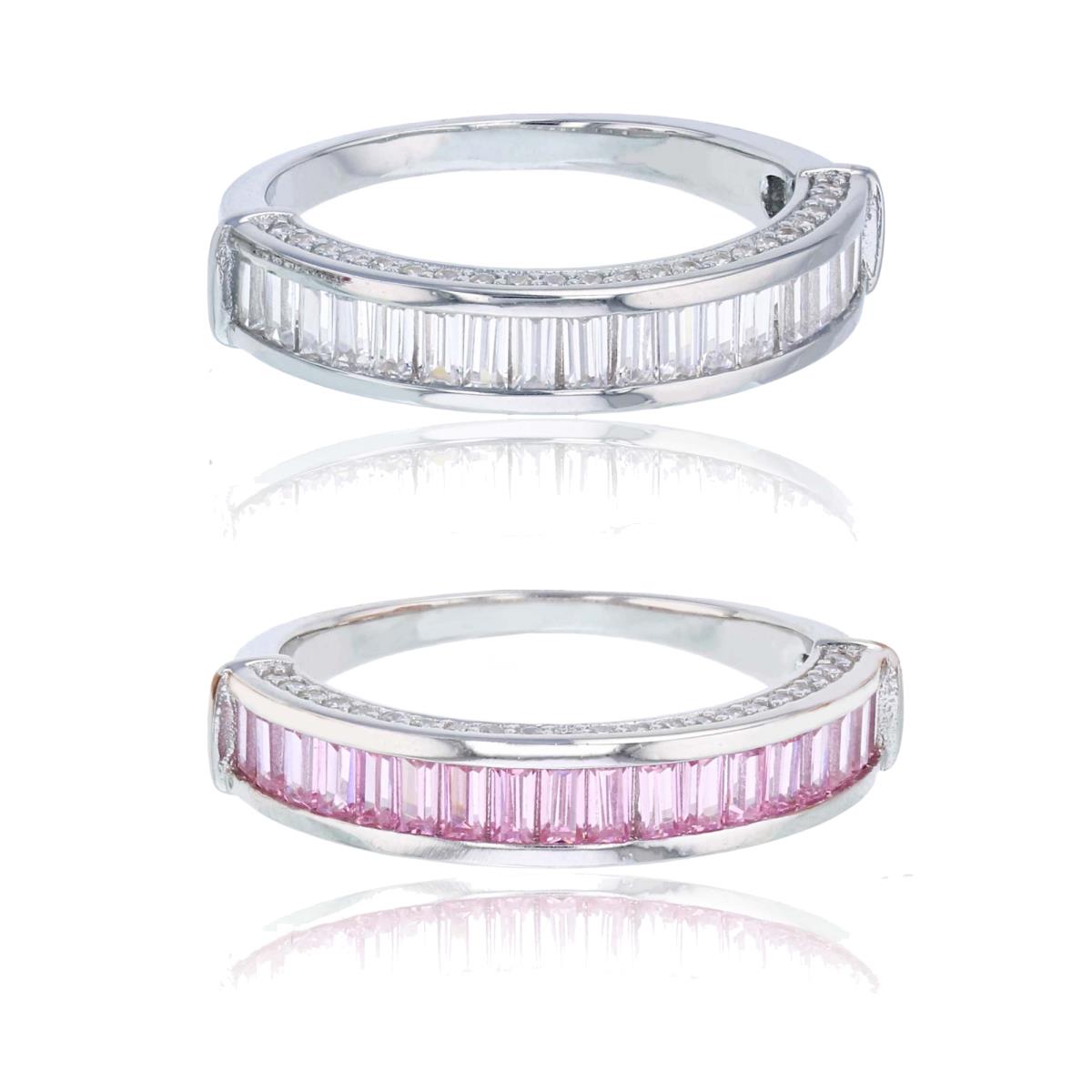 Sterling Silver Rhodium Pave 1-Row Pink & White Baguette & Rd CZ Ring Set