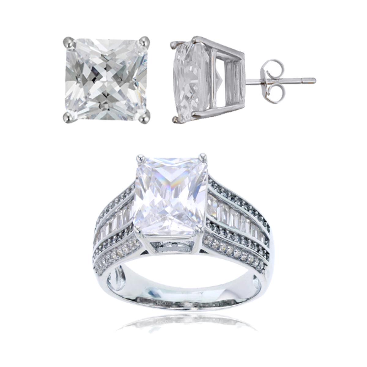 Sterling Silver Rhodium 8x10mm Radiant Cut Multi Sides CZ Ring & 8mm Square Solitaire Stud Set