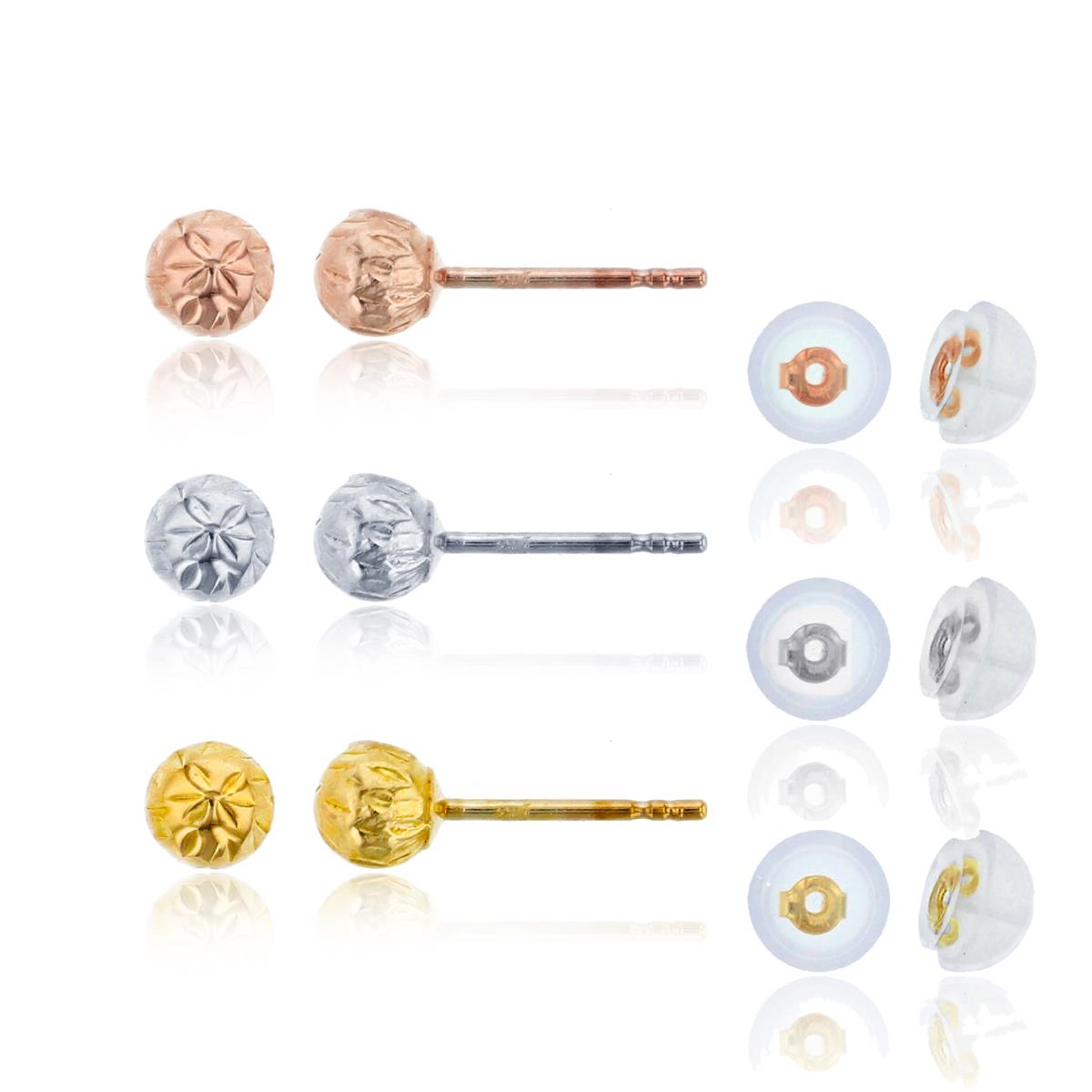 14K Yellow/White/Rose Gold Full Diamond Cut 4.00mm Ball Stud Set with Silicone Backs