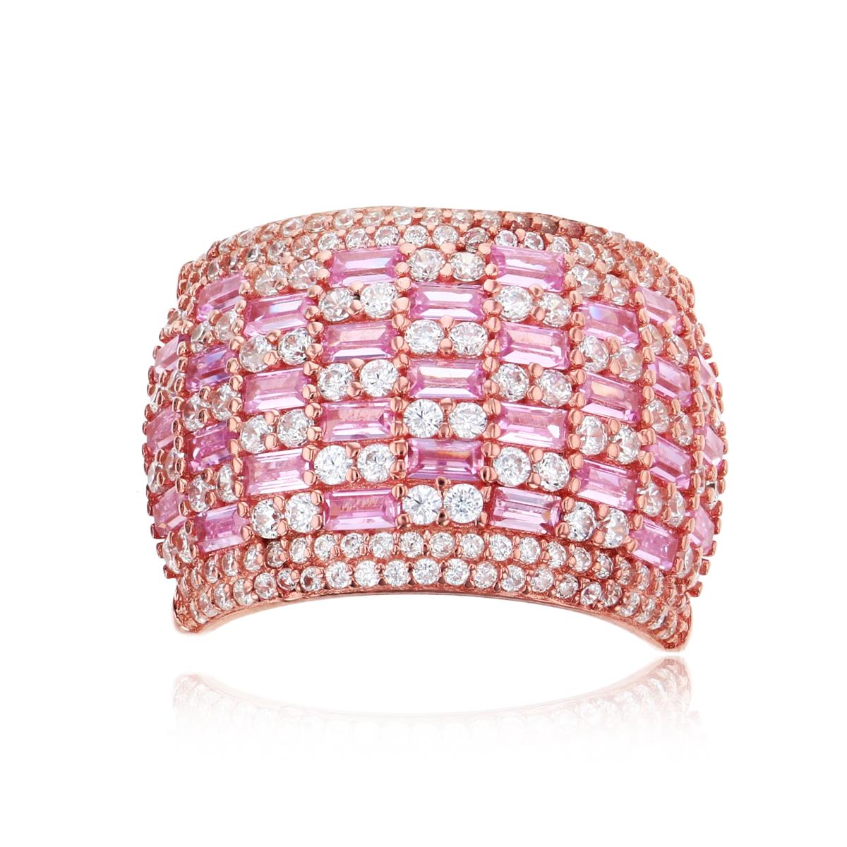 Sterling Silver Rose 1-Micron CZ SB Pink & Rnd White Basketweave Textured Band