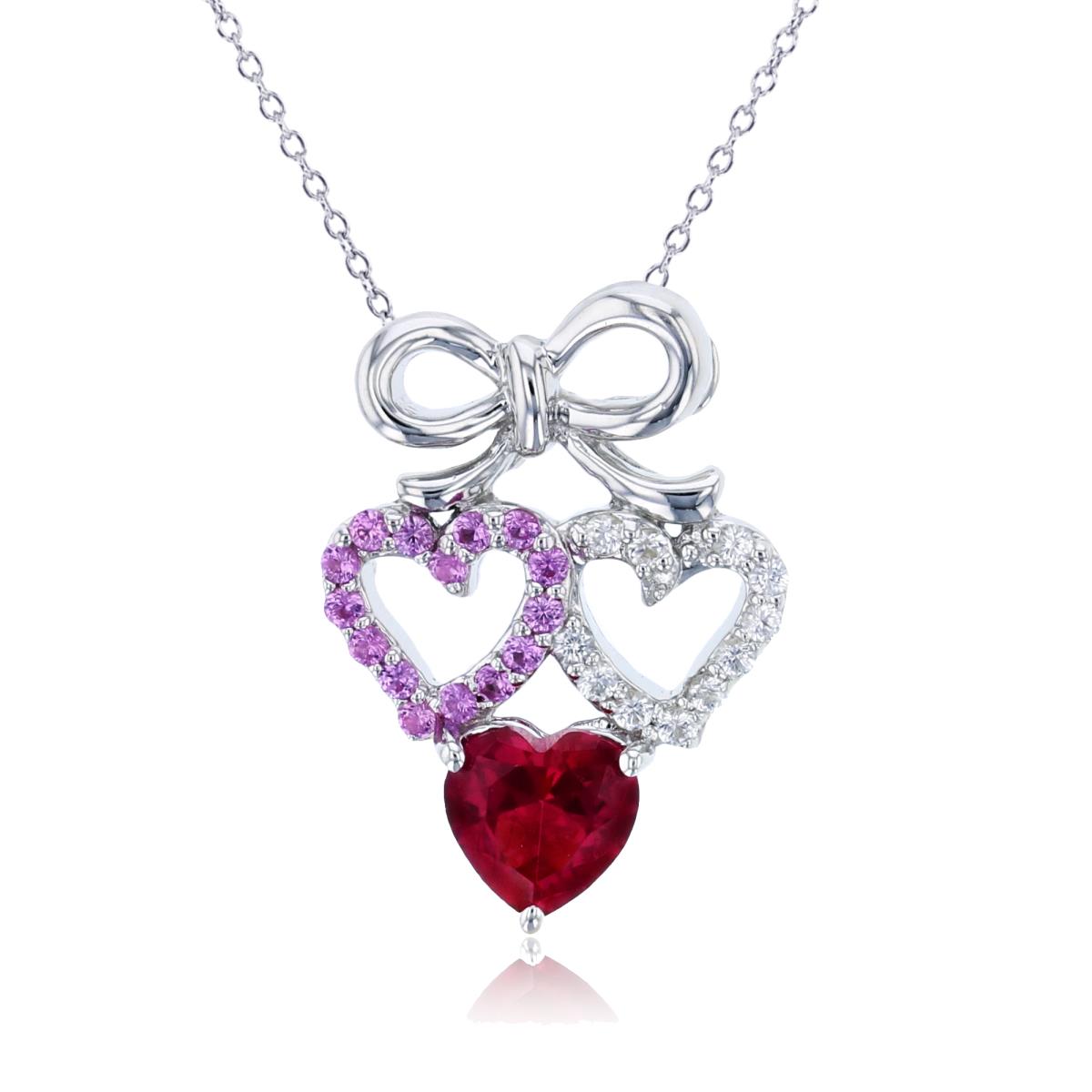 Sterling Silver Rhodium Cr. Ruby/Cr. Wh.Sapphire/Cr.Pink Sapphire  Bow/Hearts 18"Necklace