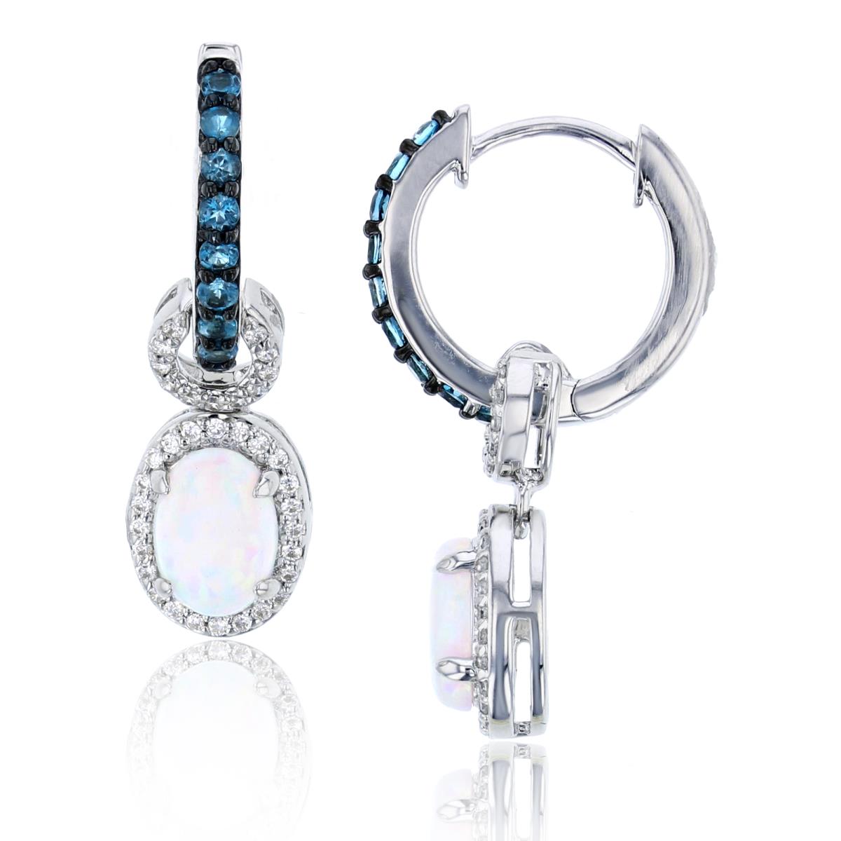 Sterling Silver Rhodium 0.14 CTTW Rnd Diam & Ov Created Opal/ Rnd London Blue Topaz Dangling Earring