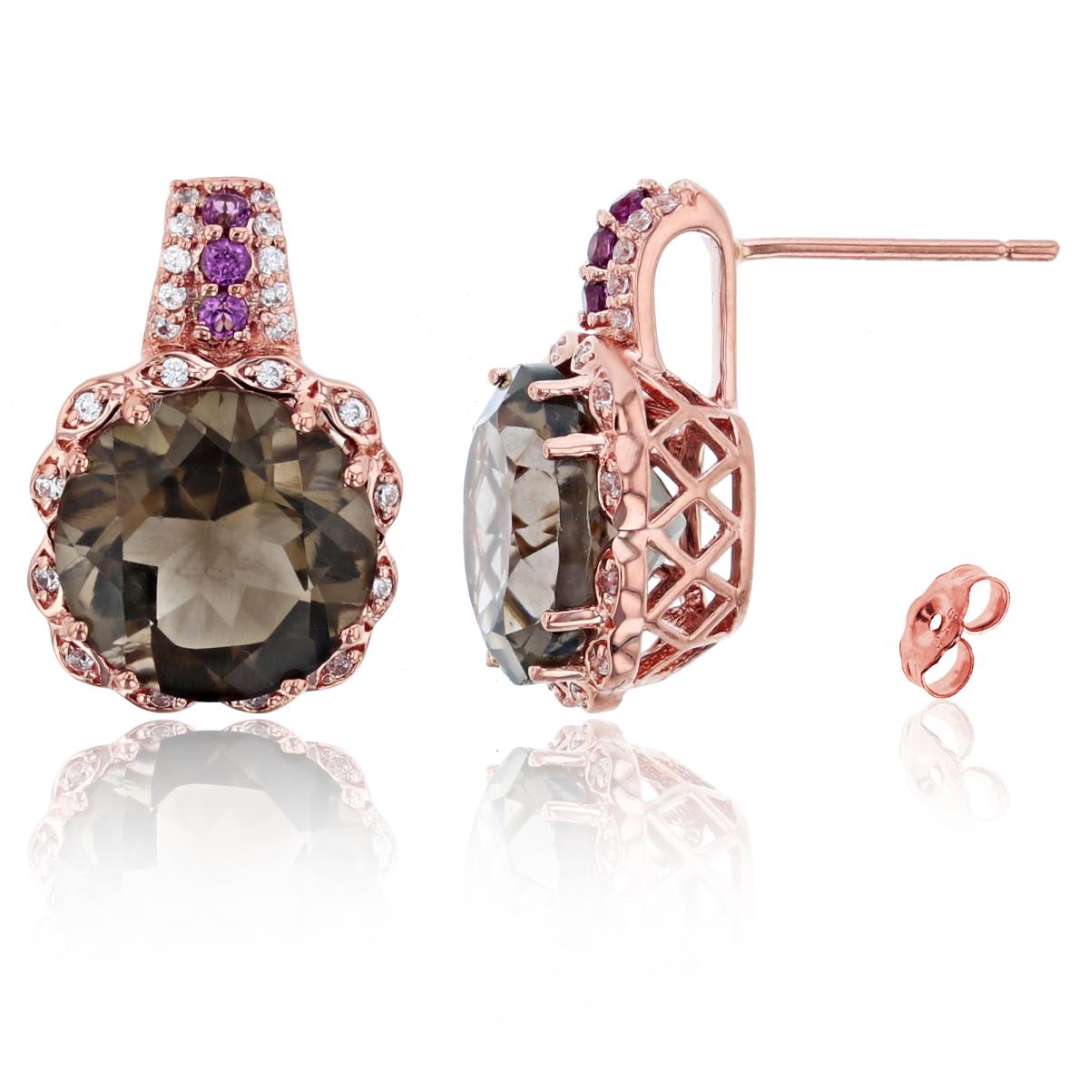 14K Rose Gold 0.13 CTTW Rnd Diam & 10mm Rnd Smokey/ Rhodolite Flower Earrings with Clutch