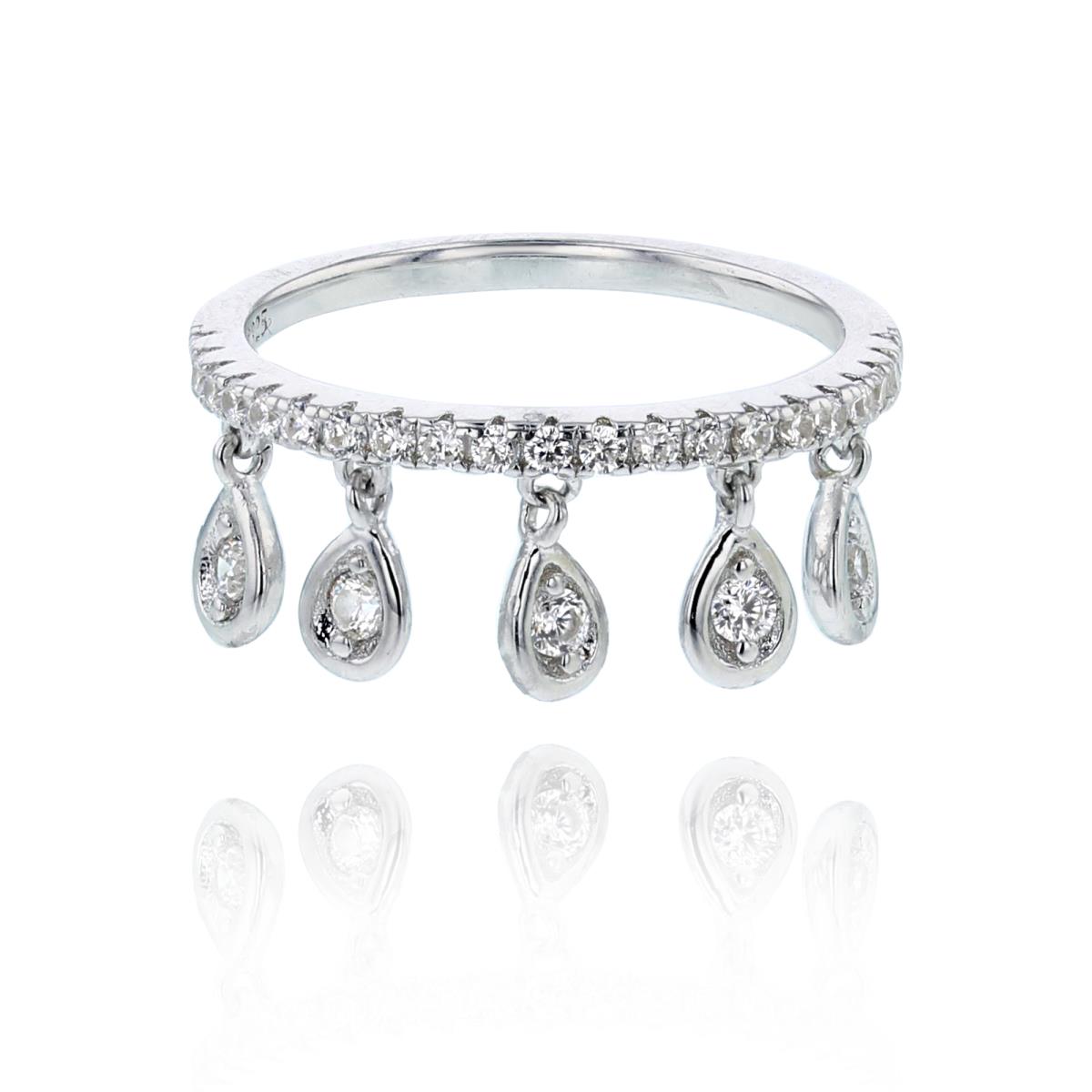 Sterling Silver Rhodium Rnd CZ 5-Dangling Drops on Row Band