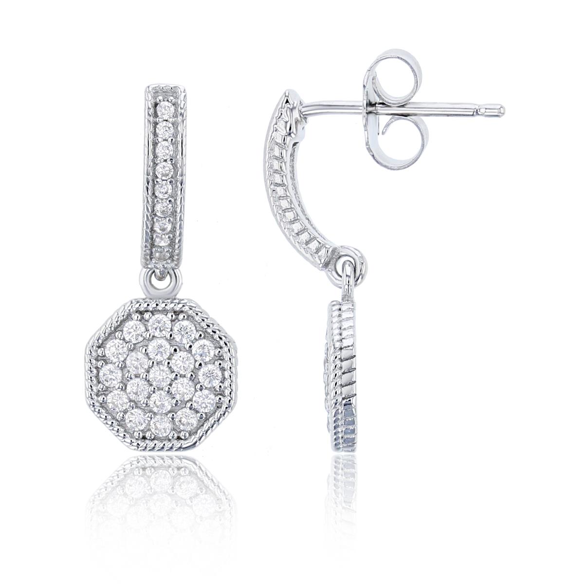 Sterling Silver Rhodium Rnd CZ Paved Octagon-shape Dangling Earring