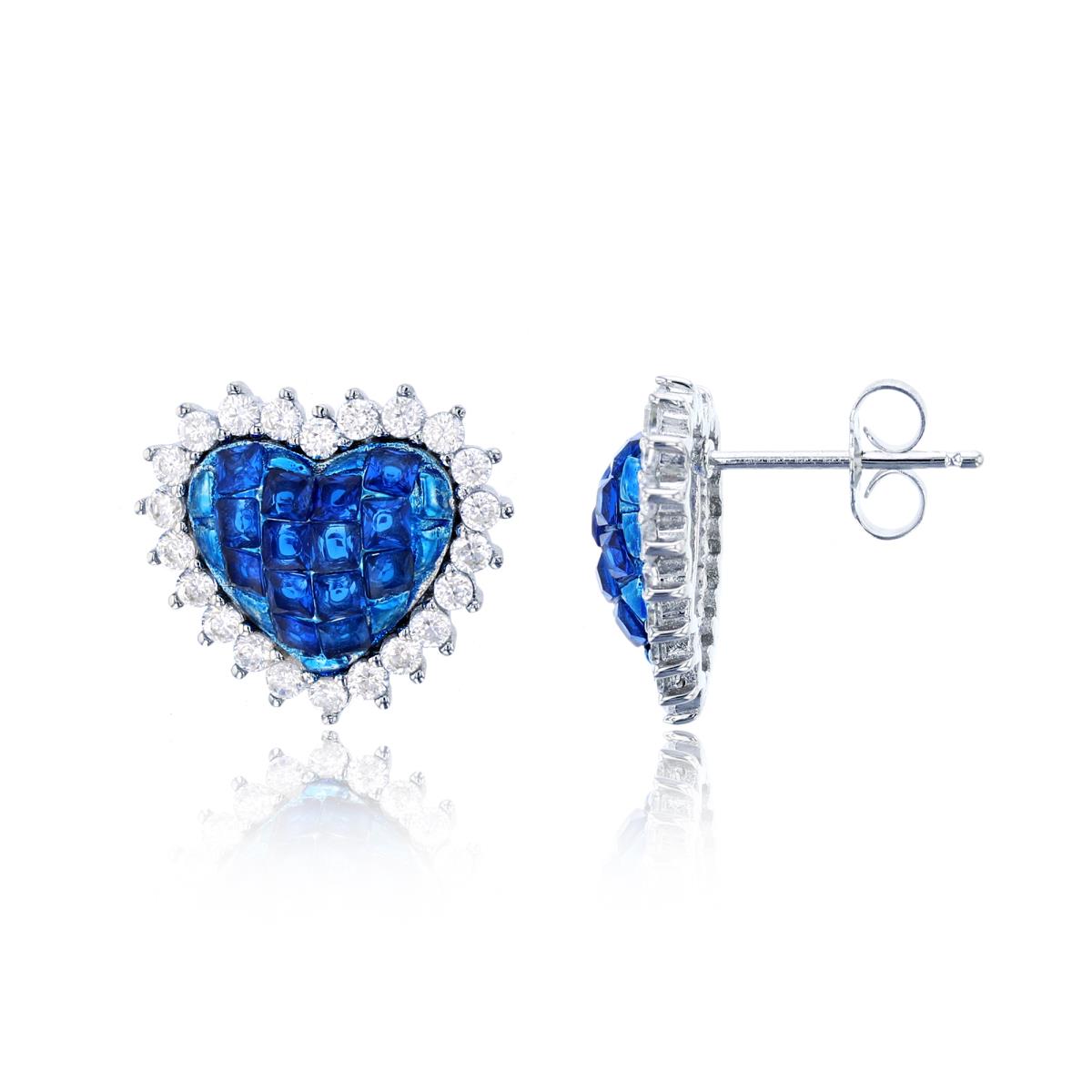 Sterling Silver Rhodium CZ Blue SQ & White Rnd Heart Stud Earring