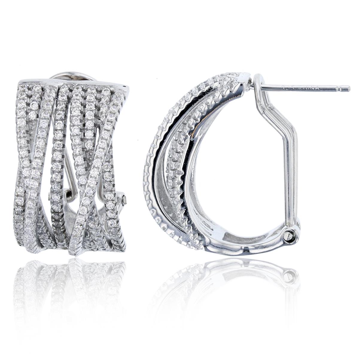 Sterling Silver Rhodium CZ Criss/Cross Rows J-Hoop Earring